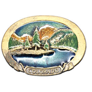 Vintage Colorado Belt Buckle Enameled Scenic Mountains Lake 1981 Aurora Co